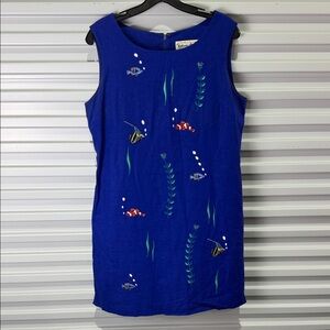Victoria Holley Size 12P Blue Sleeveless Dress with Fish Embroidery